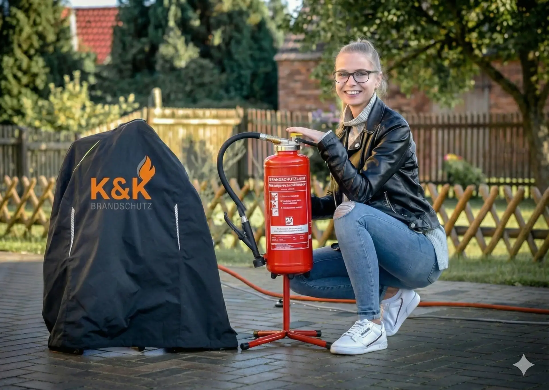 Eine Mitarbeiterin kniet an einer Feuerlöscher-Übungsstation: roter Löscher auf einem Ständer, daneben das abgedeckte Übungsgerät mit K&K-Logo, dahinter ein Gartenzaun