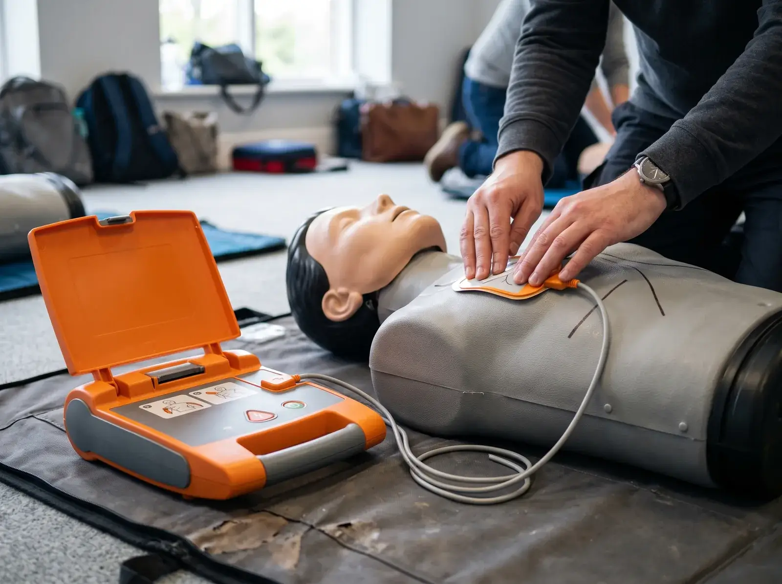 Elektroden eines Trainings-Defibrillators werden auf den Brustkorb einer Übungspuppe geklebt