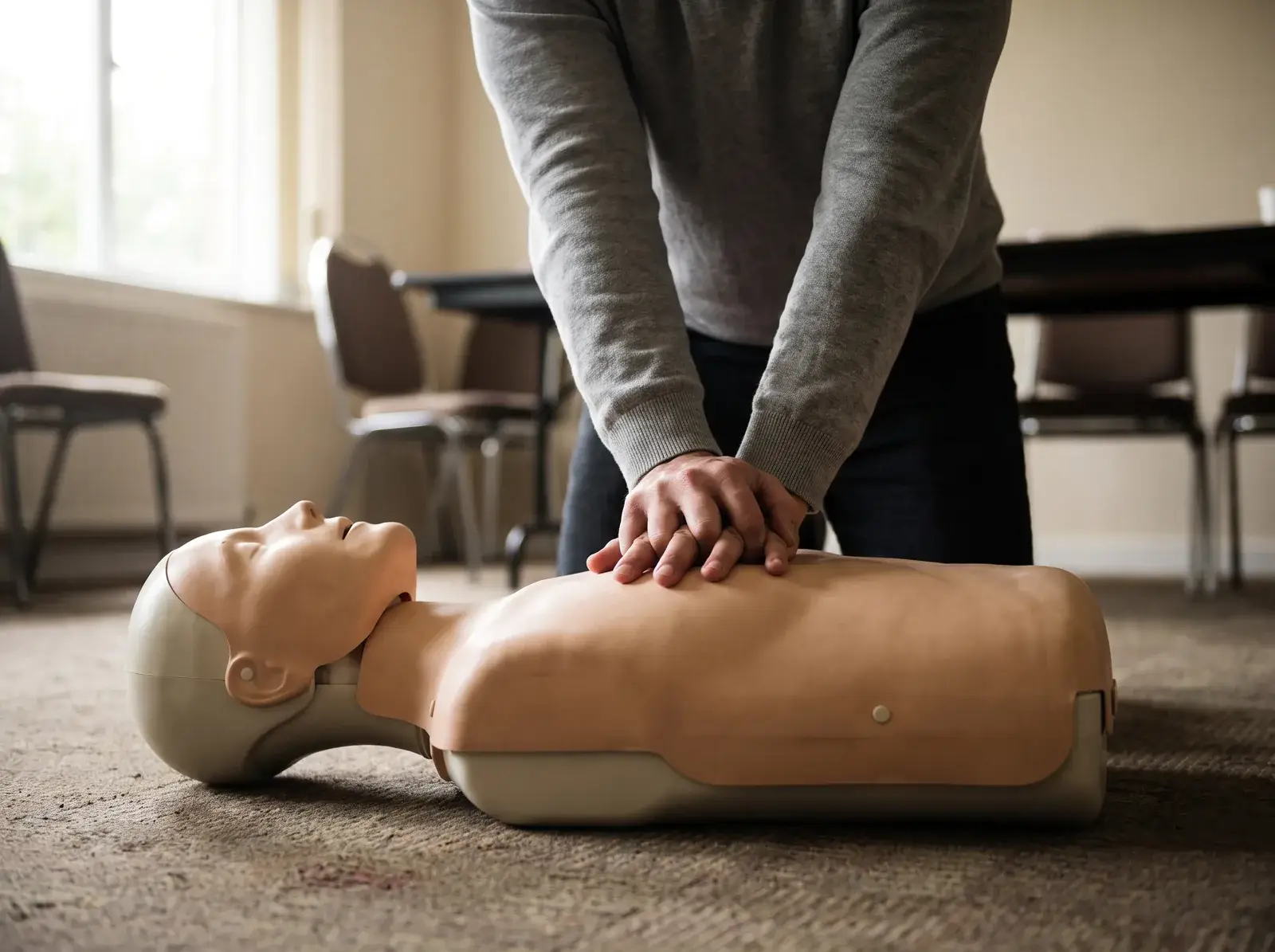 Herzdruckmassage an der Übungspuppe während einer Erste-Hilfe-Schulung im Kollegium