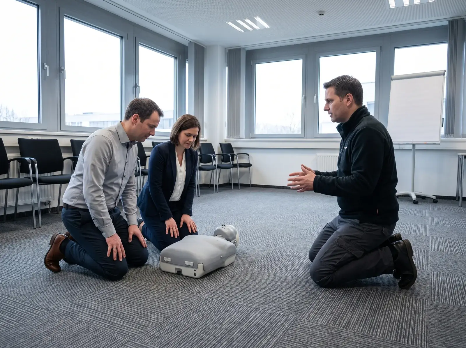Ausbilder und zwei Beschäftigte knien im Besprechungsraum um eine Reanimationspuppe