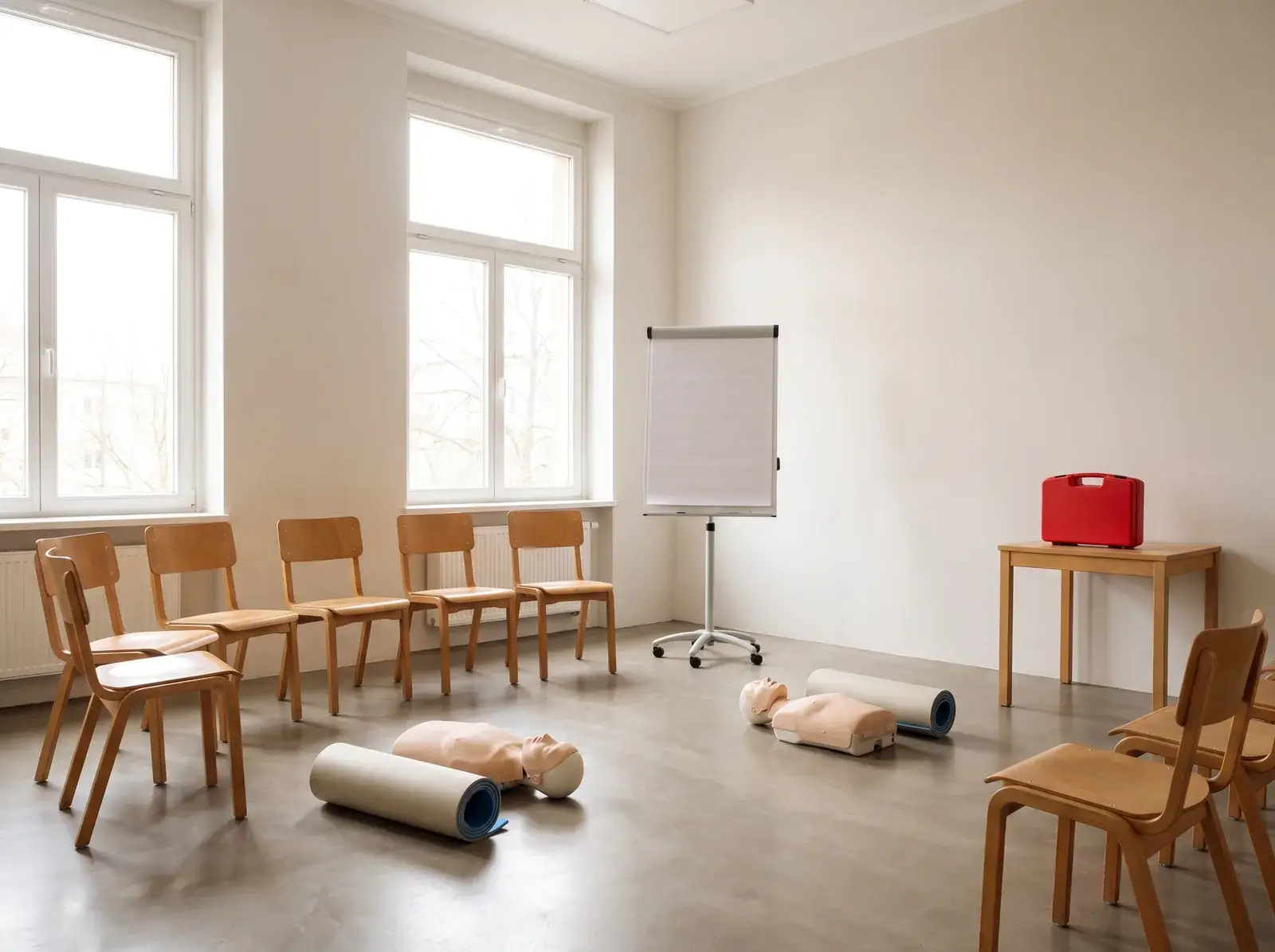 Vorbereiteter Kursraum mit Stuhlkreis, Übungspuppen und Erste-Hilfe-Koffer